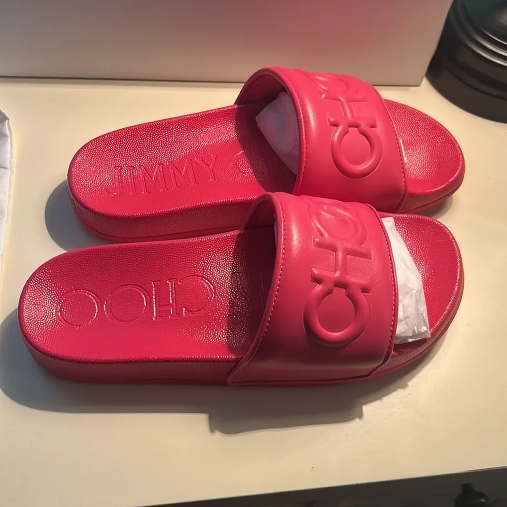Jimmy Choo Womens 37 Azari/F Leather Embossed Slides Sandals Dragon Fruit Pink